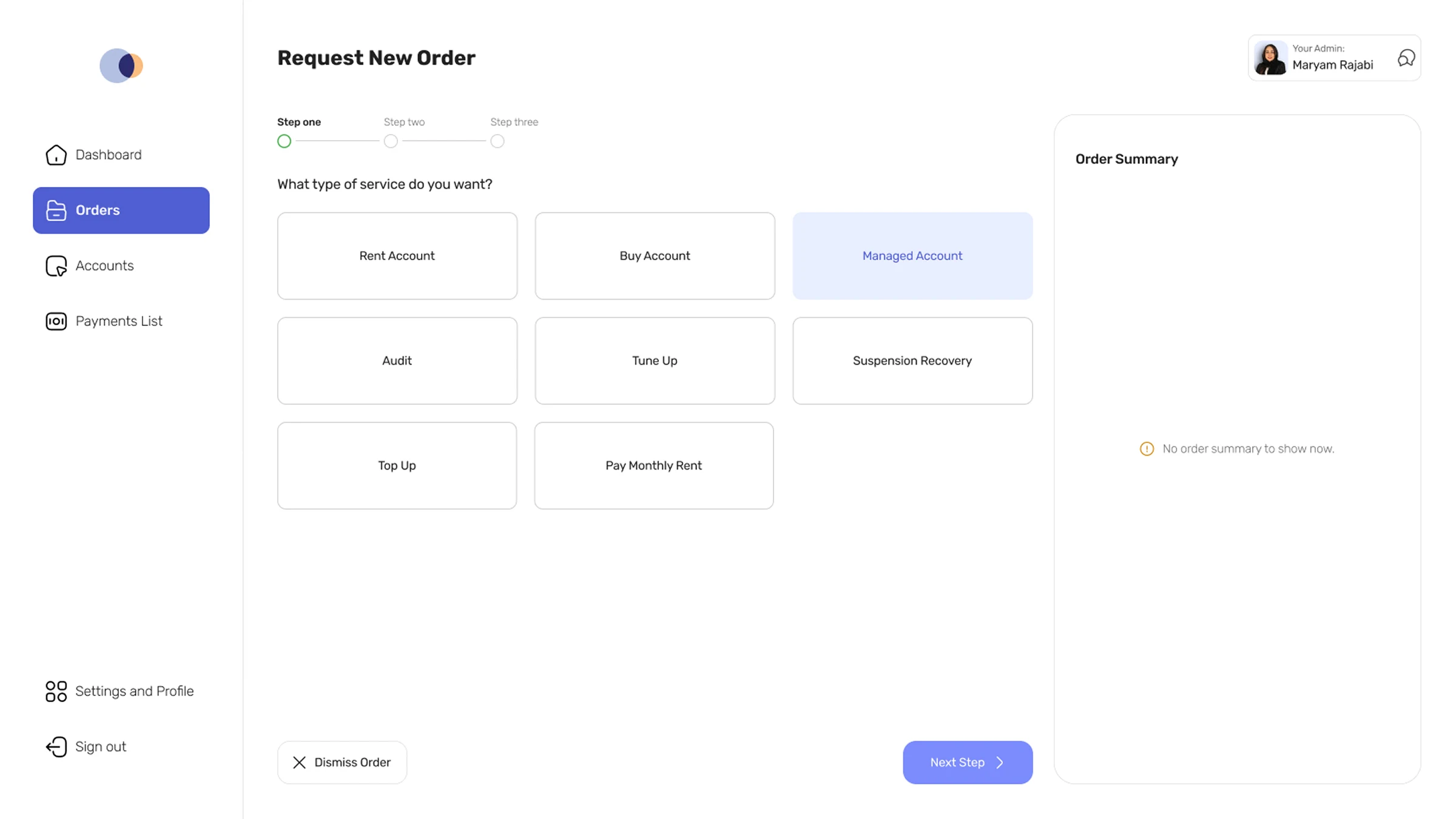 Multi-Step Service Selection Wizard